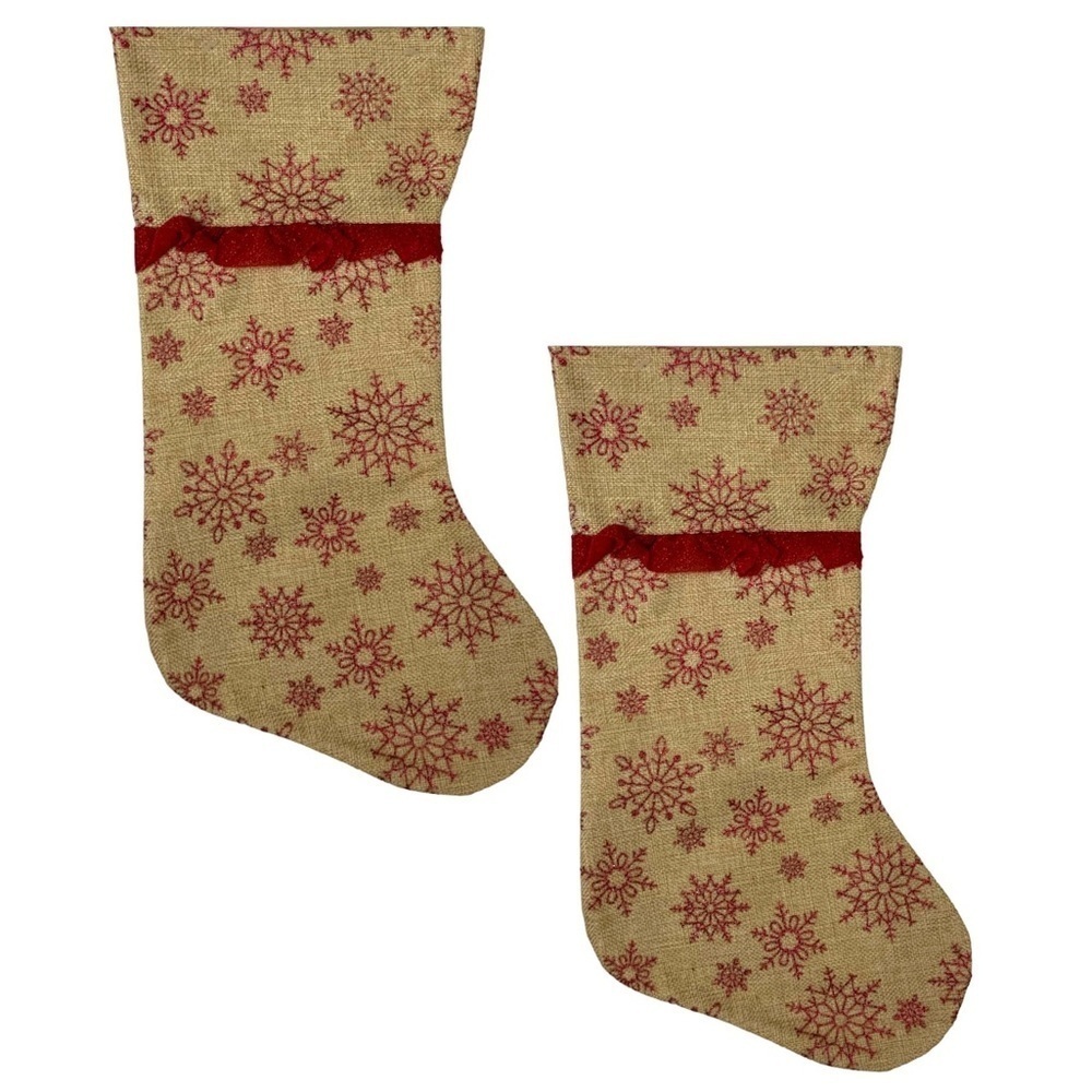 Christmas Stockings Burlap Snowflakes Ruffle Subtle Glitter Set of 2 Brown Red